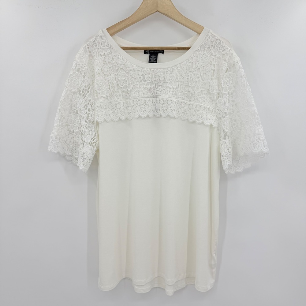 Adrianna Papell Womens White Lace Yoke Romantic Short Sleeve Knit Blouse XL